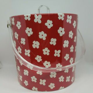 Vintage Vinyl Red Ice Bucket With White Flowers & Lucite Handle Mcm