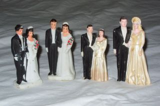 4 Vintage Bride Groom Wedding Cake Toppers Ceramic & Chalkware