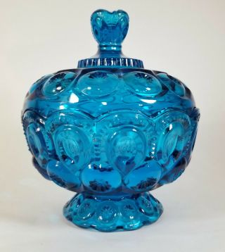 Vintage Le Smith Moon & Stars Colonial Blue Glass Candy Dish W/lid 7.  5 " Tall