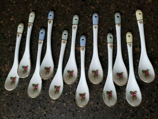 Vintage Set Of 12 Porcelain Demitasse Spoons Gold Trim Roses Colored Ends