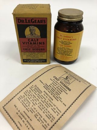 Vintage Dr.  Legear’s Calf Vitamins Advertising Jar & Box St.  Louis Missouri Nos