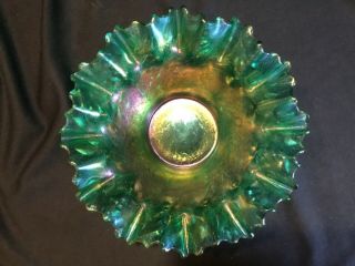 Large Heavy Vintage Fenton Iridescent Green Carnival Glass Bowl Leaf Decoration