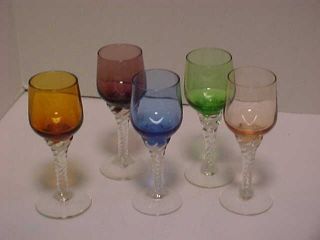 5 Vintage Mid Century Multi Colored Cordial Glasses Twisted Stem 5 "