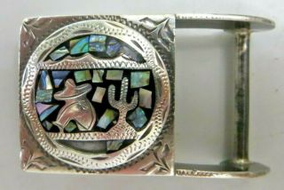 Vintage 925 Silver Mother Pearl Abalone Inlay Desert Belt Buckle Mexico 43.  4 Tw