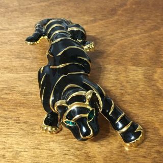 Black Panther Shoulder Brooch Vintage Scarf Pin Green Rhinestone Eyes Gold Tone