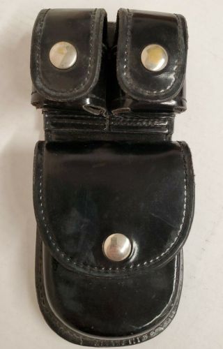 Handcuff & Speedloader Belt Holster Pouch Vintage Don Hume Black Silver Snap 7
