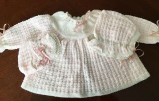 Nwt Vtg Baby Girl Italian Knit Pink Sweater Dress Set W/ Hat Booties 3 - 6 M Italy