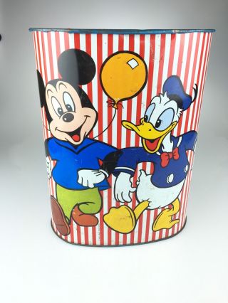 Vintage Cheinco Tin Litho Mickey & Minnie Mouse Goofy Disney Trash Can Usa