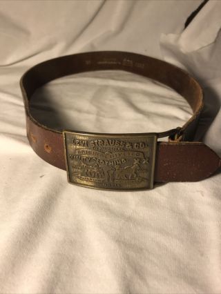 Vintage Levi Strauss Belt Buckle And Brown Leather Belt Size 30