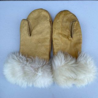 Vintage Leather Mittens Lambswool Dark Mustard Yellow Furry Fuzzy Warm Winter