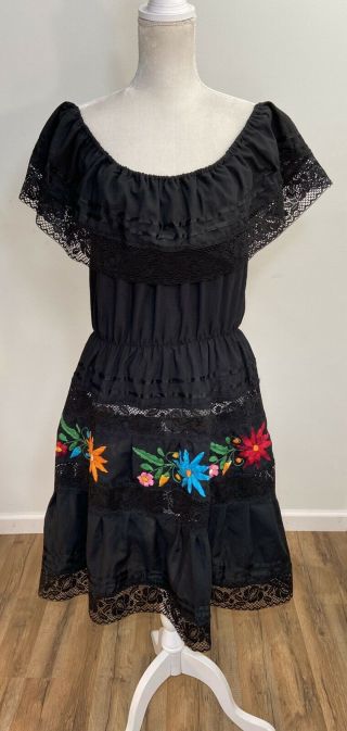 Vintage Handmade Black Off The Shoulder Embroidered Flowers Dress Women’s Medium