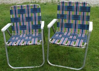 2 Vintage Mid Century Aluminum Chair Folding Lawn Patio Pair Sunbeam Webbing