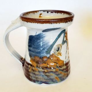 Vintage Hand Thrown Pottery Coffee Mug Stoneware Clay Blue Brown Abstract Glaze