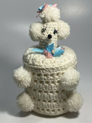 Vintage Retro Crochet White Poodle Dog Toilet Paper Roll Cover Pink Blue Bows