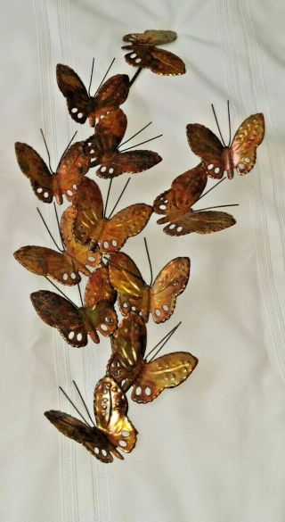 Vintage Mid Century Brass Copper Metal Foil Butterflies Sculpture Wall Hanging