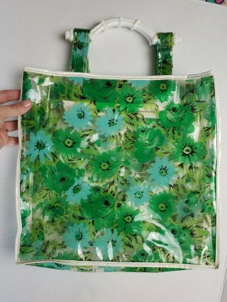 Vintage Vinyl Shopping Bag Tote Green Plastic Flower Retro Clear 60 