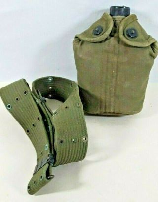 Vintage Wwii Us Army Military Metal Water Canteen And Cover With Belt
