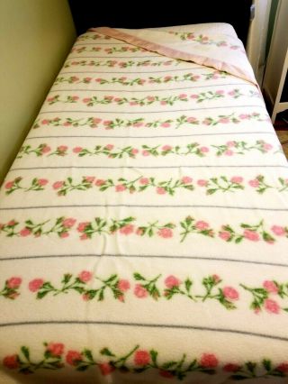 Vtg Blanket Chatham Purrey Pink Rose Flower Trellis Satin Trim Double 75 X 83