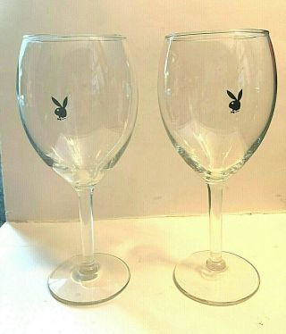 Rare Vintage Playboy Bunny Logo Clear Stemmed 8 1/4” Wine Glasses - Set Of 2