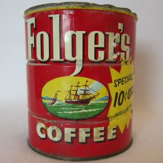 1950s Vtg Folgers Coffee Tin 2 Lb Can No Lid Red W Yellow Ship 10c Off Apprx 6x5