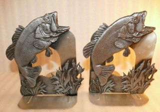Vintage Metzke Pewter Large Mouth Bass Fish 2 Bookends Made Usa 1980 6.  5” Tall