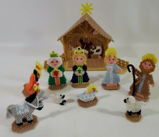 Vintage Christmas Nativity Complete Handmade Plastic Canvas Yarn