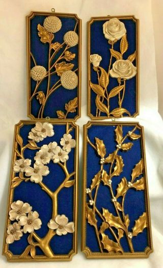 Vintage Wall Art Floral Set Of 4 Gold Cream,  Blue Plastic Frame Felt Backing