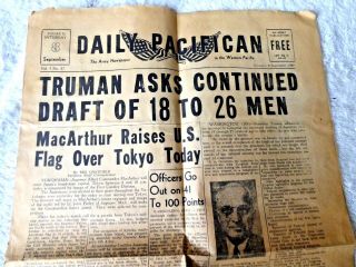 Vintage Army Newspaper Daily Pacifican Macarthur Raises Us Flag Over Tokyo 1945