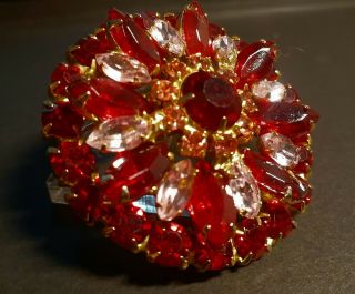 Vintage Czech Glass Brooch Pink And Ruby Glass Rhinestones Huge Unmarked Piece