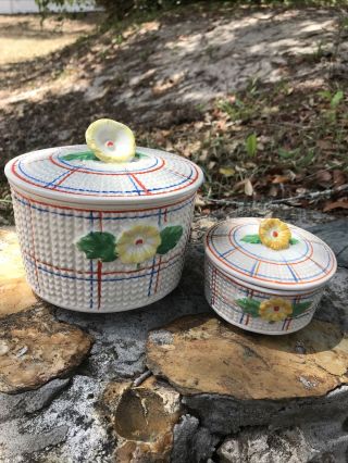 Vintage Ceramic Plaid Textured Cookie Jar Biscuit Jar/jam Jar Set Made In Japan
