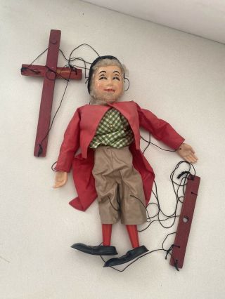 Vintage Marionette String Puppet Double Handle Celluloid Hands Face Old Man 14”