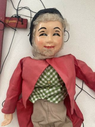 Vintage Marionette String Puppet Double Handle Celluloid Hands Face Old Man 14” 2