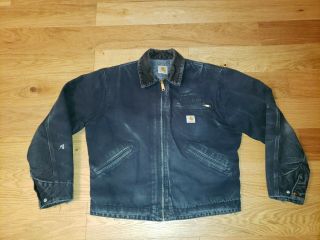 Vtg Carhartt Detroit Jacket J01 Black Size 46 Blanket Lined Distressed Fade Usa