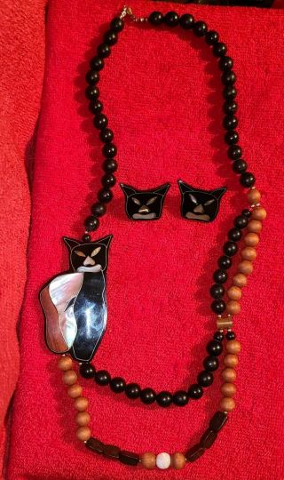 Vintage " Lee Sands " Hand Crafted Bead Cat Necklace With Matching Earrings
