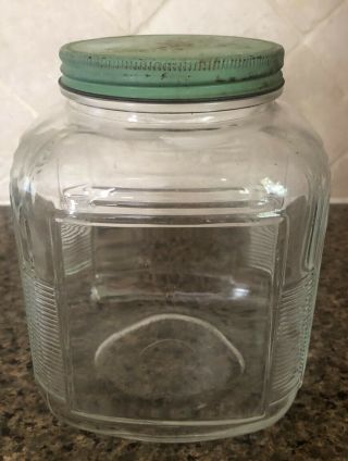 Vintage Glass Coffee Jar W/green Metal Lid