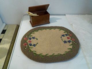 Vtg 1:12 Dollhouse Miniature Chest A And Hand Made Floral Oval Rug