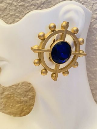 Vtg Runway Statement Gold Earrings 80s Glamour Blue Sapphire Rhinestone Etruscan