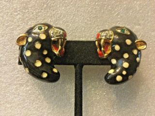Vintage 1990s Rhinestone Black & White Enamel Leopard Panther Clip Earrings