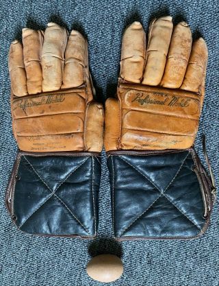 Vintage " Milt Schmidt " Autographed All Leather Hockey Gloves,  C.  1940 - 50s