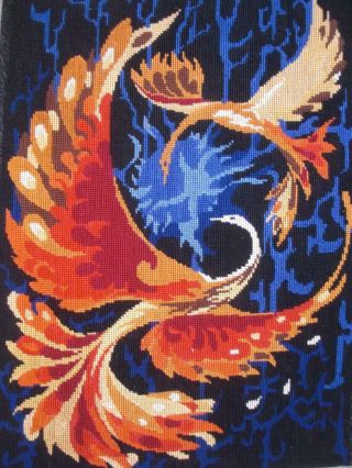Vintage Completed Cotton Needlepoint 2 Phoenix Birds Tapestry 20 " X14.  7 "