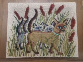 Vintage Hand Stitched Wall Hanging Siamese Cats Framed Picture Art Embroidery