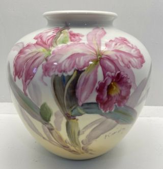 Vintage Artist Signed Hand Painted Iris Flowers Porcelain Vase Rose China Japan