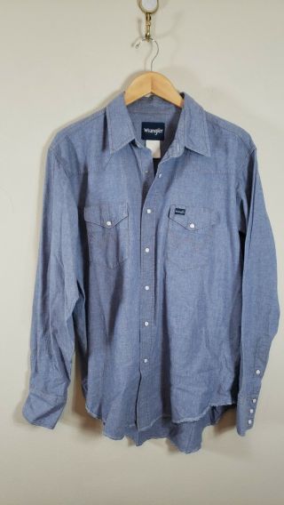 Vintage Wrangler Chambray Blue Pearl Snap Western Cowboy Shirt Size 17.  5