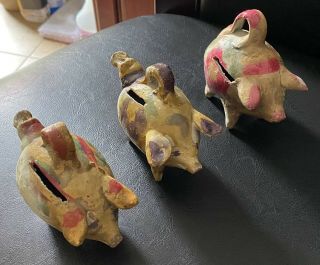Set Of 3 Vintage Mexican Tlaquepaque Pig Piggy Banks Whistles Hand Painted