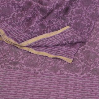 Sanskriti Vintage Purple Sarees Pure Chiffon Silk Printed Sari 5yd Craft Fabric