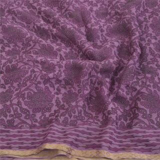Sanskriti Vintage Purple Sarees Pure Chiffon Silk Printed Sari 5Yd Craft Fabric 2