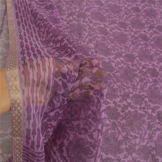 Sanskriti Vintage Purple Sarees Pure Chiffon Silk Printed Sari 5Yd Craft Fabric 3