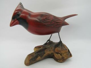 Vintage Wood Hand Carved Cardinal Bird Driftwood Stamped By Artist Painted Japan