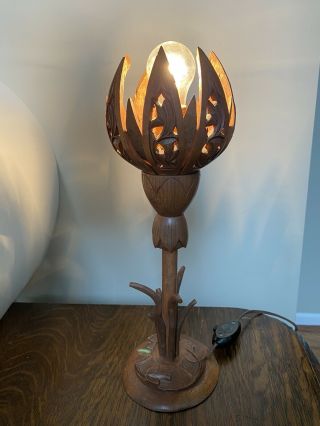 Vintage Wooden Hand Carved Mechanical Folding Lotus Flower Table Lamp -