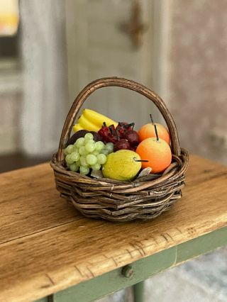 Vintage Miniature Dollhouse Artisan Sculpted Fruit In Rustic Hand Made Basket